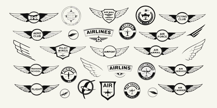 Collection of aviation emblems and badges vector illustration style