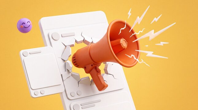 Megaphone, social media announcement, loudspeaker icon, notification bell, yellow background