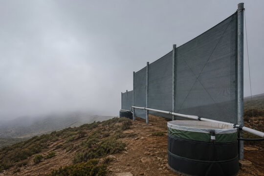 Fog Harvesting Panels Collecting Water on Dry Mountain Ridge