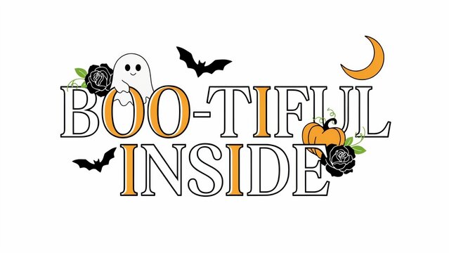Cute halloween typography design featuring boo-tiful inside text with ghost bats and pumpkin