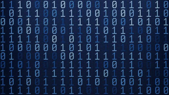 Looped 3D animation of blue binary numbers across a dark digital display. Abstract technology background for coding, data, networks, cybersecurity and artificial intelligence.