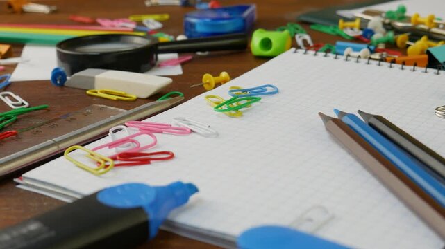 Scattered school and office supplies create dynamic workspace. Colorful pencils, eraser, paper clips, and ruler provide necessary tools for creativity and organization