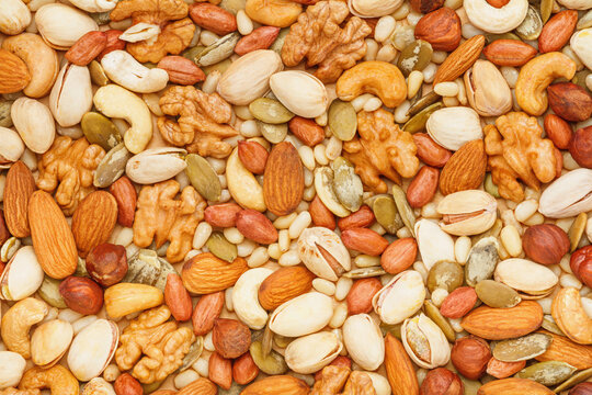 Background from different types of nuts and seeds - peeled walnut, hazelnuts, peeled peanut, pine nut kernels, almond seeds, cashew seeds, pistachio nuts in the shell, pumpkin seeds
