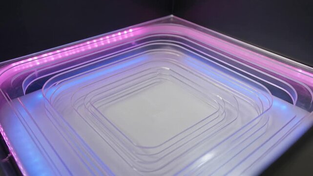 Emerging vapor column drifting over stacked plates on table, LED strip with pink-blue hues for demo