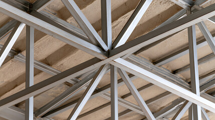 Naklejka premium Low angle view of modern metal frame structure interior during building construction work project showing steel beam assembly and support
