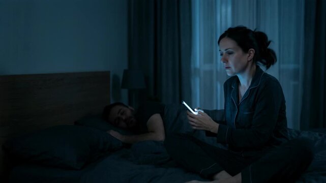 Woman checking smartphone in bed while husband sleeps. Secret messaging and betrayal causing marital crisis. Distant couple in bedroom at night, loneliness concept.