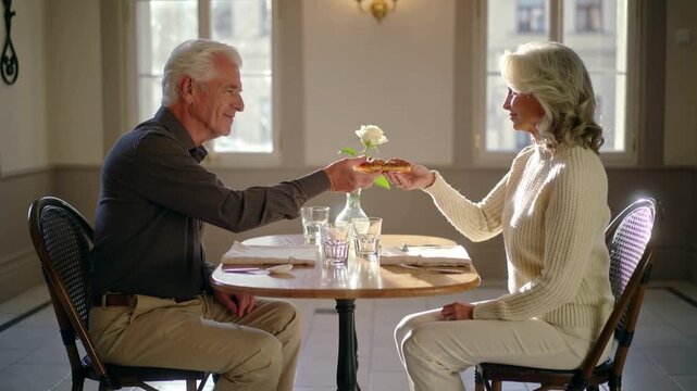 Smiling senior man offering slice toward partner in cream sweater at table, beside white rose