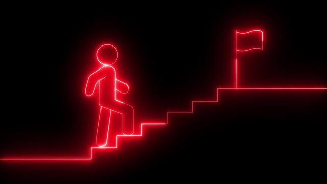 Glowing red neon stick figure climbing flag to success flag. Business growth icon , 4k animation. Climbing Stairs Towards Success flag animation. Glowing neon animation of man or person climbing .