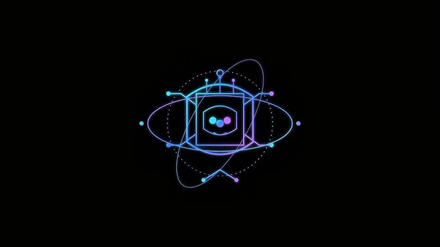 Futuristic AI robot head icon, neon glowing artificial intelligence symbol, digital bot technology animation on black background
