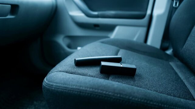 Lipstick left on car seat as evidence of infidelity. Abandoned cosmetic item revealing secret affair. Broken trust in marriage, suspicion, and hidden betrayal.