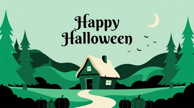 Happy halloween greeting card design featuring a spooky haunted house in a forest landscape with silhouettes of flying bats above