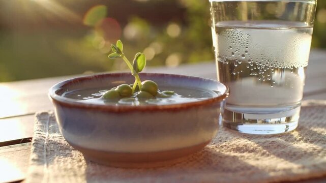 Shifting camera framing, bowl with peas and sprout tilting under warm sunlight on patio with glass