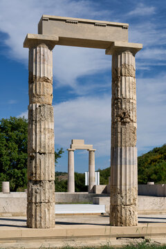 Restored Doric columns framing the palace grounds at the Archaeological Site of Aigai.