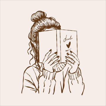 Young woman reading a book. Sketch in brown. Vintage outline vector illustration. Girl with an open book. Love of reading. Book lover. Book club. Isolated romantic clipart.