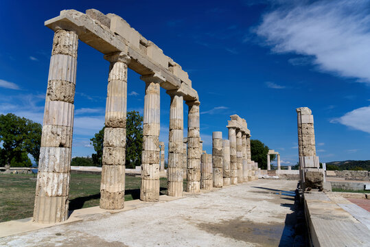 Reconstructed Doric peristyle colonnade of the ancient Palace of Philip II at Aigai in Vergina Greece