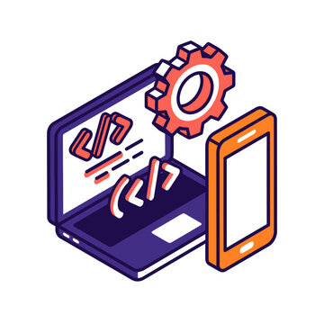 Dynamic Isometric of a Laptop Smartphone and Gear Symbolizing Web Development and Technology with high quality professional line art symbols for modern creative design and digital branding projects