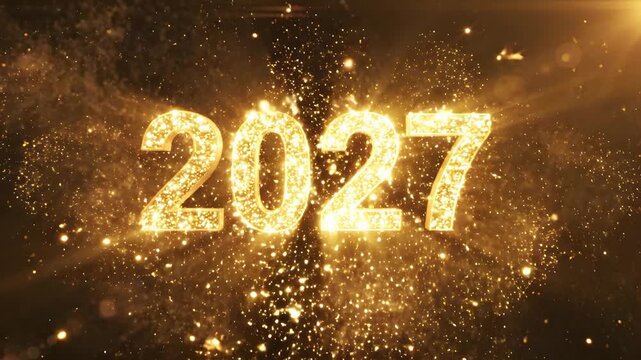 2027 text emerging from exploding golden fireworks with bright light rays and glowing particle sparks (4k resolution), for New Year party promos