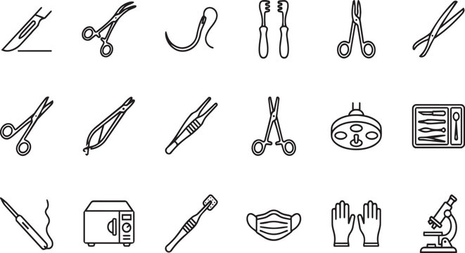 Surgical instruments and operating room equipment icons in thin black line style graphics.