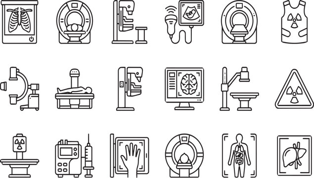 Radiology department line icons set featuring medical imaging diagnostic scanners on grey.