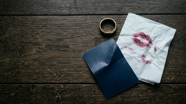 Wedding ring with lipstick stained napkin and credit card on wooden table. Broken marriage concept representing infidelity and relationship conflict between partners.
