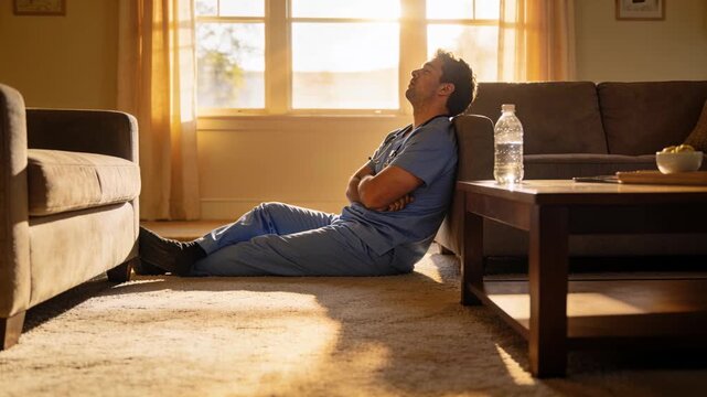 Shifting medic in blue scrubs resting as sunlight growing on living room floor with stethoscope, ID