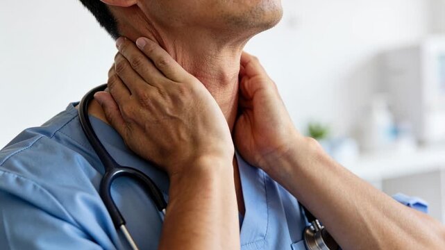 Massaging doctor in blue scrubs rubbing neck at clinic after shift easing tension with stethoscope