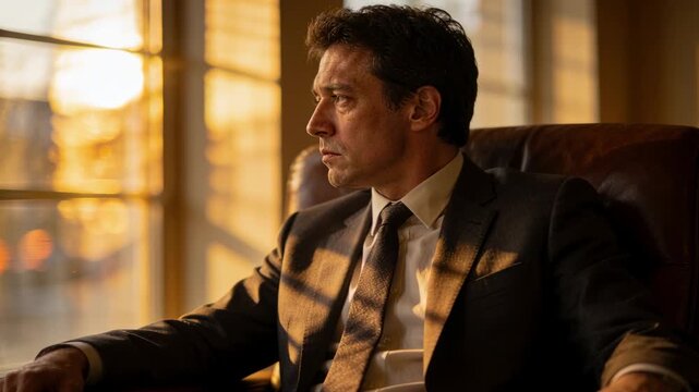 Straightening, man in suit tie on leather chair, turning to look outside as blinds striping face