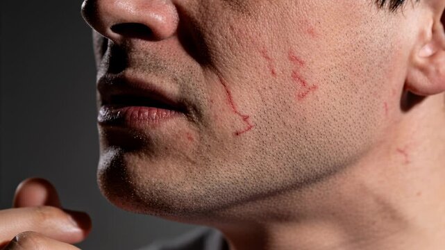 Noticing red lines, man pressing, sliding right fingers along left cheek in studio, revealing marks