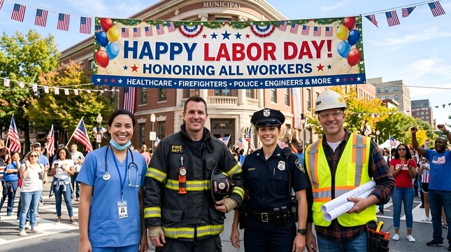 Labor Day Parade: Diverse Workers Honored with Happy Labor Day Banner