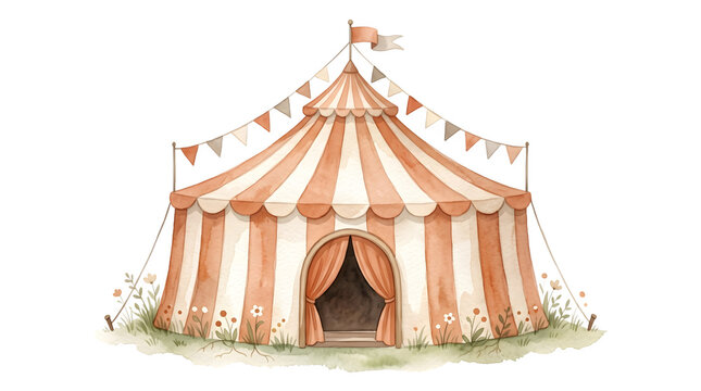 Watercolor illustration of a vintage circus tent with bunting flags isolated on transparent background