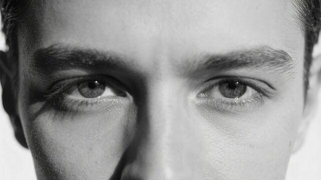 Opening and closing eyelids on male face reacting to light in studio closeup showing eyelashes