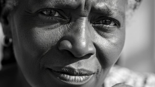 Holding gaze with frames moving woman touching cheek with right hand in scarf smiling in sun