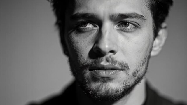 Shifting adult male turning head, blinking and shifting gaze during studio portrait, camera rolling