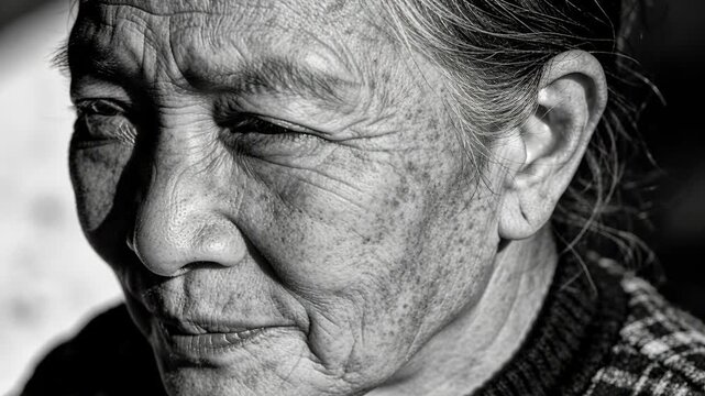 Reacting Senior Asian woman turning, squinting to strong side light near window in knit sweater