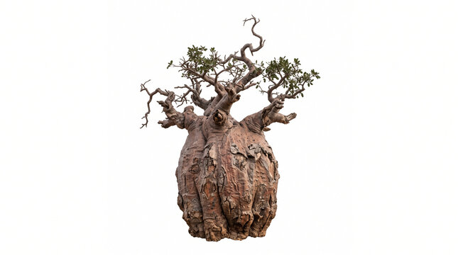 Photorealistic unusual baobab tree with an enormous thick textured trunk, sparse twisted branches and a small crown of leaves, highly detailed bark texture and natural weathering