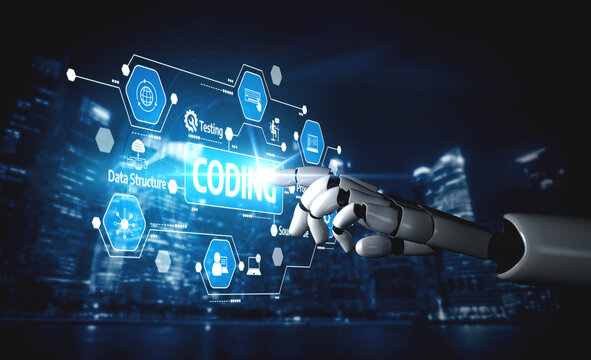 A futuristic robot hand interacts with a glowing digital coding interface in a city skyline at night, showcasing concepts of data structures and software testing in a modern setting. Tessel