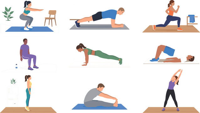 Home workout and bodyweight fitness exercises vector set featuring squat forearm plank lunge wall sit push-up glute bridge calf raise seated hamstring stretch and standing overhead side stretch