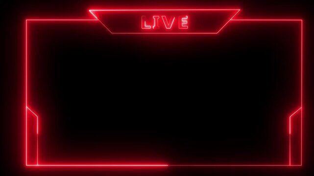 Live Stream Neon Red frame animation with neon box frame. Animated neon Live stream Icon.  Neon looped light frame for live stream video a Black background. Live streaming Frame -4k video .