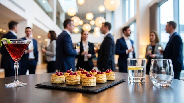 Vibrant red cranberry pastry appetizers served with refreshing cocktails on a sleek dark slate board during professional corporate networking event