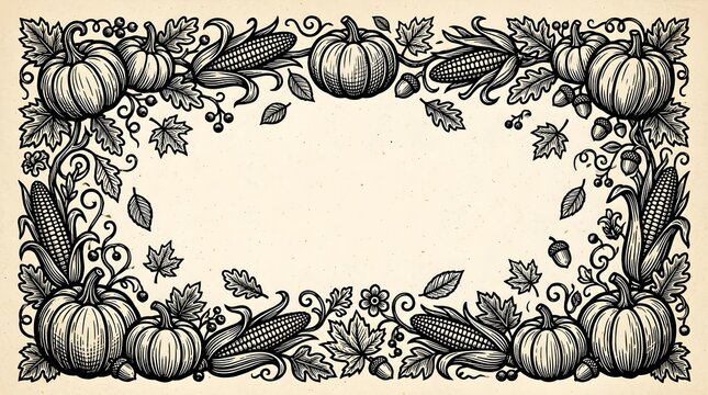 A beautifully illustrated thanksgiving frame adorned with pumpkins leaves and floral elements evokes warmth gratitude and the spirit of autumn festivities and family gatherings