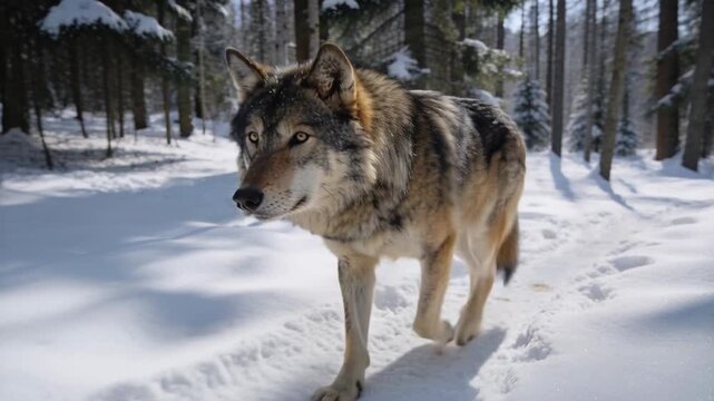 Walking adult gray wolf moving toward camera along snow trail in conifer forest, showing collar tag
