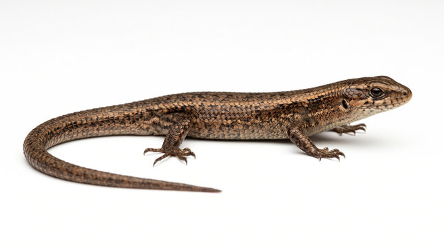 Ultra-realistic small earthy-brown lizard displayed in a complete full-body side profile, intricate overlapping scales, elongated tail, four detailed legs, tiny claws and lifelike glossy eye
