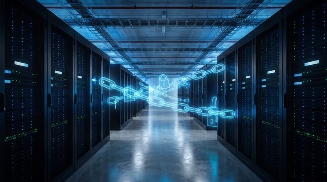 Glowing blue holographic chains and digital padlocks represent secure encryption technology protecting sensitive data within modern advanced computer server infrastructure
