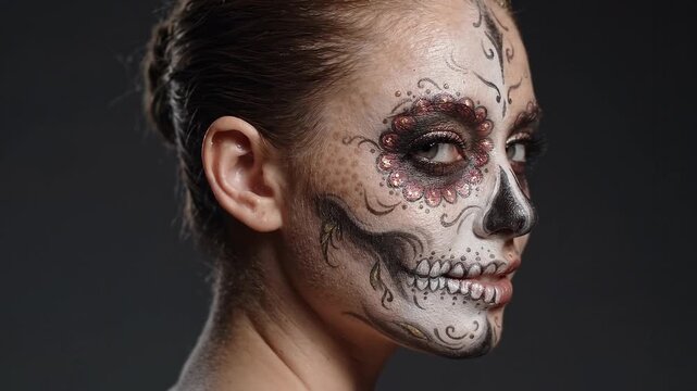 Profile portrait of a young woman with elegant sugar skull makeup