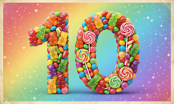 The number ten made of colorful candies and gummy bears on a rainbow background with sparkles for a birthday celebration.