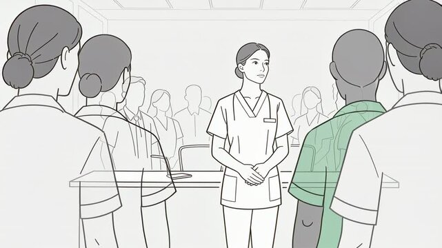 Responding to staff gathering nurse in scrubs delivering briefing at hospital room, with microphone