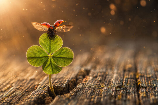 Ladybug Taking Off from Four-Leaf Clover in Golden Light