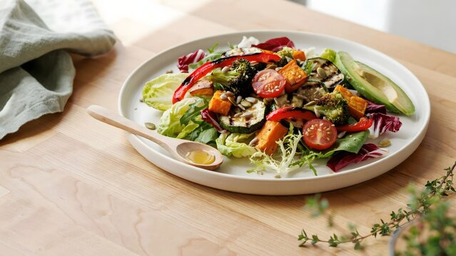 Grilled vegetable salad with avocado and seeds on a white plate &ndash; Perfect for healthy recipe blogs, vegan menus, or wellness campaigns.