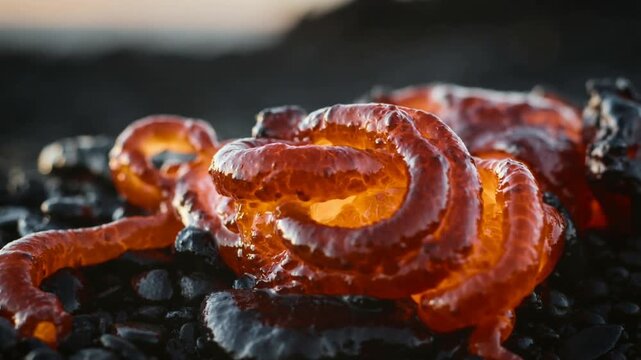Cooling glowing coiled molten mass shifting, extending tendrils on pebble bed at dusk