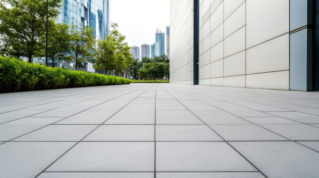 Blue Hour At the Edge of the Business District: Urban Sidewalk With Clean Paving And Open Copy Space Urban Si &acirc;&euro;&ldquo; Skyline Study 4